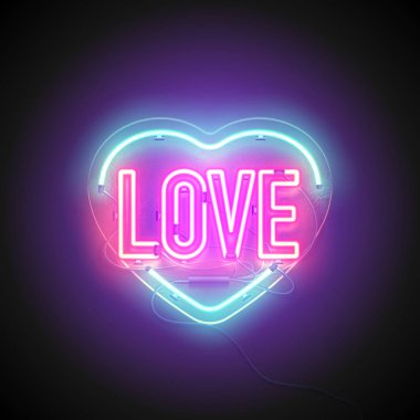 Parlak kalp. Neon işareti. Retro neon kalp tabela ile kelime aşk mor zemin üzerine. Öğe Happy Valentine's Day için tasarım. Tasarımınız tebrik kartı için hazır. Vektör çizim.
