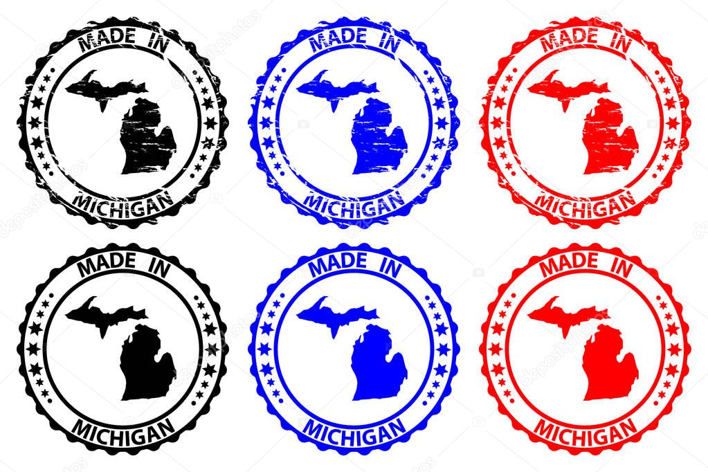 Made in Michigan - rubber stamp - vector, Michigan (United States of America) map pattern - black, blue  and red