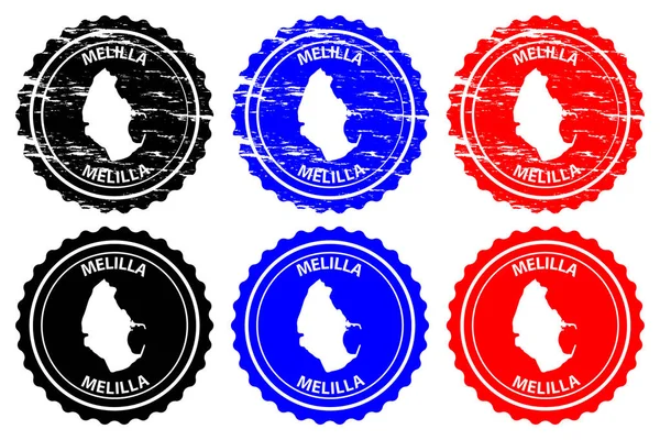 Melilla Rubber Stamp Vector Melilla Kaart Patroon Sticker Zwart Blauw — Stockvector