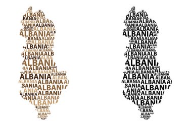 Kroki Arnavutluk harfi metin harita, Arnavutluk - kıta, harita, Arnavutluk Cumhuriyeti - şeklinde siyah ve kahverengi vektör çizim