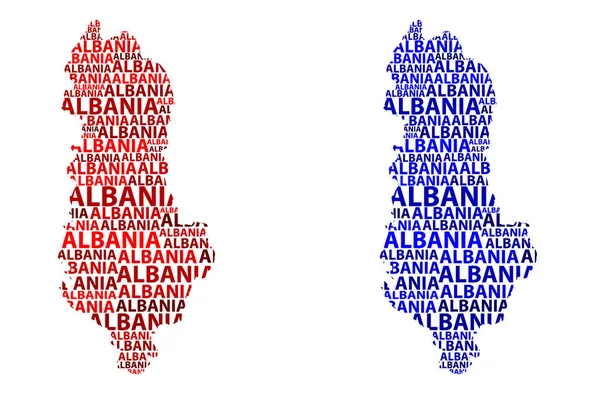 Kroki Arnavutluk harfi metin harita, Arnavutluk - kıta, harita, Arnavutluk Cumhuriyeti - şeklinde kırmızı ve mavi vektör çizim