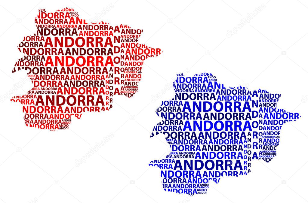 Sketch Andorra letter text map, Andorra - in the shape of the continent, Map of Principality of the Valleys of Andorra - red and blue vector illustration