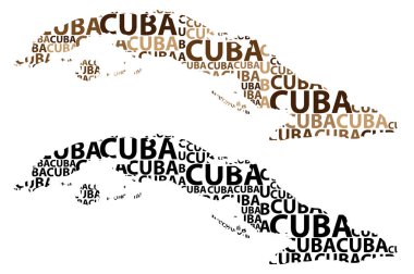Kroki Küba harfi metin harita, Küba - kıta harita Küba Cumhuriyeti - şeklinde kahverengi ve siyah vektör çizim
