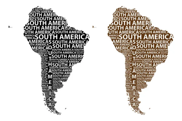 速写南美洲字母文本大陆 南美洲词 在大陆的形状 大陆地图南美洲 黑和褐色向量例证 — 图库矢量图片