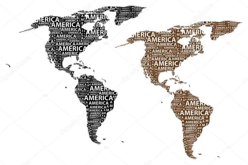 Sketch America letter text continent, North and south America word - in the shape of the continent, Map of continent America - brown and black vector illustration