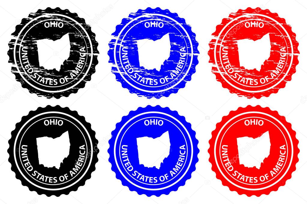 Ohio - rubber stamp - vector, Ohio (United States of America) map pattern - sticker - black, blue and red