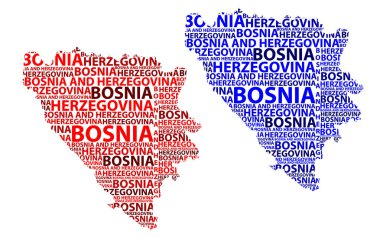 Kroki Bosna-Hersek harfi metin harita, Bosna Hersek - kıta, harita Bosna Hersek - şeklinde kırmızı ve mavi vektör çizim