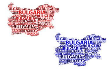 Kroki Bulgaristan harfi metin harita, Bulgaristan - kıta harita Bulgaristan Cumhuriyeti - şeklinde kırmızı ve mavi vektör çizim