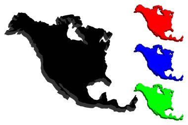 Kuzey Amerika kıta - siyah, kırmızı, mavi ve yeşil - vektör çizim 3D Haritası
