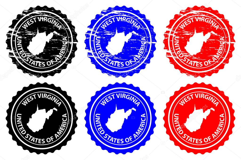 West Virginia - rubber stamp - vector, West Virginia (United States of America) map pattern - sticker - black, blue and red