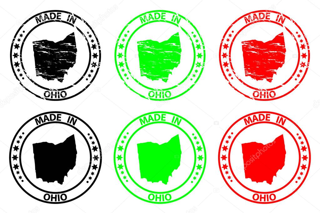 Made in Ohio - rubber stamp - vector, Ohio (United States of America) map pattern - black, green and red