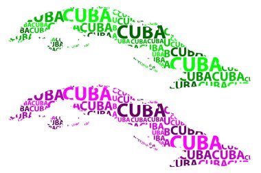 Kroki Küba harfi metin harita, Küba - kıta harita Küba Cumhuriyeti - şeklinde yeşil ve mor vektör çizim