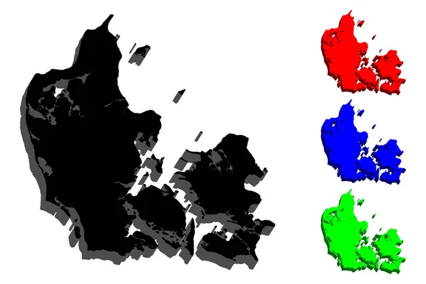 Carte Danemark Royaume Danemark Noir Rouge Bleu Vert Illustration Vectorielle — Image vectorielle