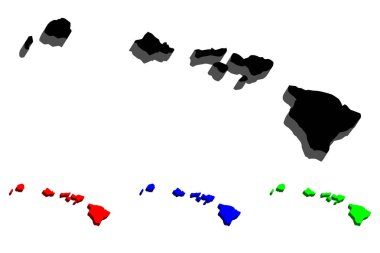 3D Hawaii (Amerika Birleşik Devletleri) - siyah, kırmızı, mavi ve yeşil - vektör çizim Haritası