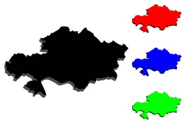 Kazakistan (Kazakistan) - siyah, kırmızı, mavi ve yeşil - vektör çizim 3D Haritası