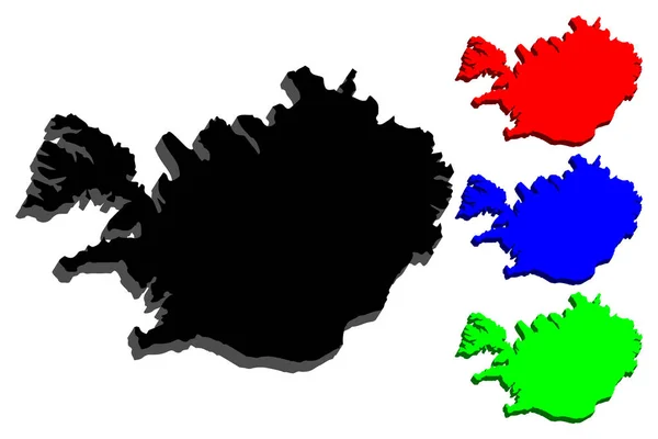Mapa Islandu Černá Červená Modrá Zelená Vektorové Ilustrace — Stockový vektor