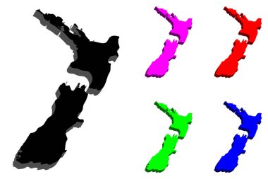 3D Yeni Zelanda Haritası (Aotearoa) - siyah, kırmızı, mor, mavi ve yeşil - vektör çizim