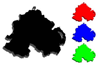 Kuzey İrlanda - siyah, kırmızı, mavi ve yeşil - vektör çizim 3D Haritası