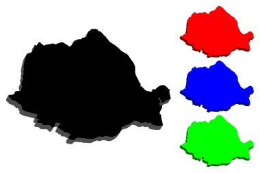Romanya - siyah, kırmızı, mavi ve yeşil - vektör çizim 3D Haritası