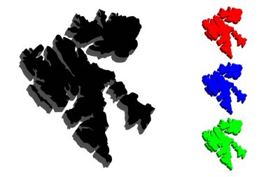 Svalbard (Spitsbergen) - siyah, kırmızı, mavi ve yeşil - vektör çizim 3D Haritası