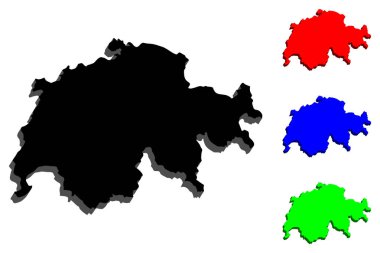 İsviçre (İsviçre Konfederasyonu) - siyah, kırmızı, mavi ve yeşil - vektör çizim 3D Haritası