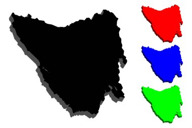 Tasmania (taş, Tassie, Van Diemen's Land) - 3D harita siyah, kırmızı, mavi ve yeşil - vektör çizim