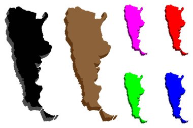 3D harita Arjantin (Arjantin Cumhuriyeti) - siyah, kırmızı, mor, kahverengi, mavi ve yeşil - vektör çizim