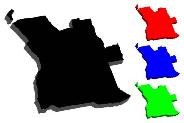 3D Angola (Angola Cumhuriyeti) - siyah, kırmızı, mavi ve yeşil - vektör çizim Haritası