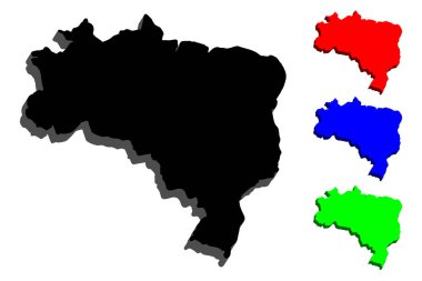 3D Brezilya (Brezilya Federatif Cumhuriyeti) - siyah, kırmızı, mavi ve yeşil - vektör çizim Haritası