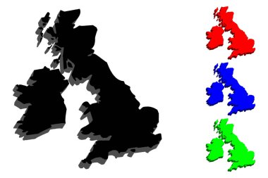 Britanya Adaları (Birleşik Krallık of Büyük Britanya ve Kuzey İrlanda, İrlanda) - 3D harita siyah, kırmızı, mavi ve yeşil - vektör çizim