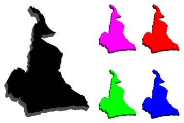 Kamerun (Kamerun Cumhuriyeti) - siyah, kırmızı, mor, mavi ve yeşil - vektör çizim 3D Haritası