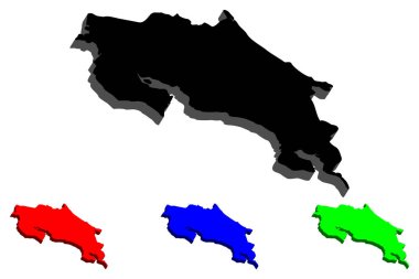 3D Kosta Rika Haritası (Kosta Rika Cumhuriyeti) - siyah, kırmızı, mavi ve yeşil - vektör çizim