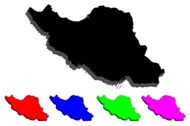 Iran (Pers Iran İslam Cumhuriyeti) - siyah, kırmızı, mor, mavi ve yeşil - vektör çizim 3D Haritası