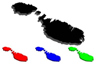 3D Malta (Malta Cumhuriyeti) - siyah, kırmızı, mavi ve yeşil - vektör çizim Haritası
