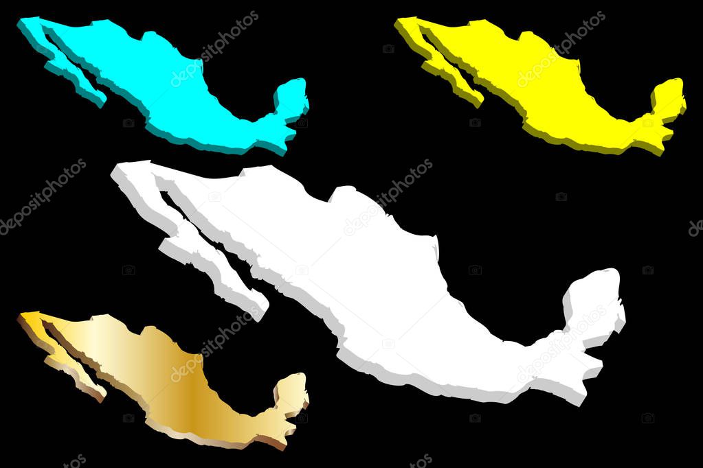 3D map of Mexico (United Mexican States) - white, blue and gold - vector illustration