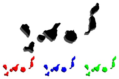 3D Kanarya Adaları Haritası (Islas Canarias) - siyah, kırmızı, mavi ve yeşil - vektör çizim