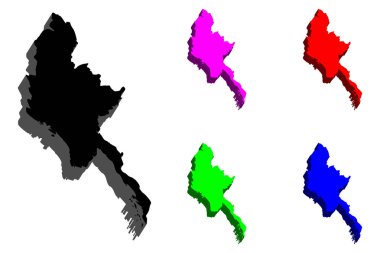 3D Myanmar (Myanmar Birliği, Burma Cumhuriyeti) - siyah, kırmızı, mor, mavi ve yeşil - vektör çizim Haritası
