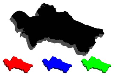 Türkmenistan (Türkmenistan) - siyah, kırmızı, mavi ve yeşil - vektör çizim 3D Haritası