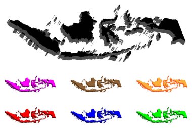 3D harita Endonezya (Endonezya Cumhuriyeti) - siyah, kırmızı, mor, kahverengi, turuncu, mavi ve yeşil - vektör çizim