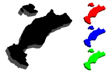 3D İstanköy Haritası (Adası Yunanistan'ın, Cos) - siyah, kırmızı, mavi ve yeşil - vektör çizim
