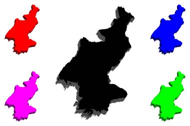 Kuzey Kore (Demokratik Halk Cumhuriyeti Kore, Kuzey Kore, Prk, Kuzey Kore, Kuzey Kore) - 3D harita siyah, kırmızı, mor, mavi ve yeşil - vektör çizim