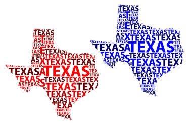 Kroki Texas (Amerika Birleşik Devletleri) harfi metin harita, Teksas Haritası - kıta harita Texas - şeklinde kırmızı ve mavi vektör çizim