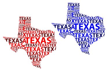 Sketch Texas (United States of America) letter text map, Texas map - in the shape of the continent, Map Texas - red and blue vector illustration clipart