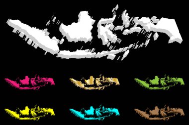 Endonezya (Cumhuriyeti Endonezya) - beyaz, sarı, mor, kahverengi, yeşil, mavi ve altın - 3D harita illüstrasyon vektör