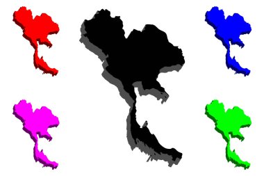 Tayland (Tayland, Siam Krallığı) - siyah, kırmızı, mor, mavi ve yeşil - vektör çizim 3D Haritası