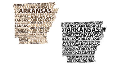 Kroki Arkansas (Amerika Birleşik Devletleri, doğal devlet, ayı devlet) harfi metin harita, Arkansas göster - kıta harita Arkansas - şeklinde kahverengi ve siyah vektör çizim