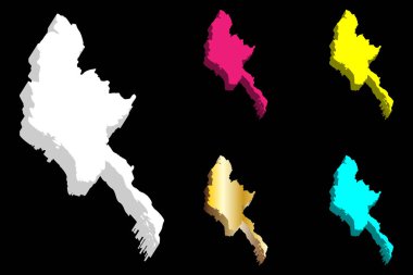 3D harita Myanmar (Myanmar Birliği, Burma Cumhuriyeti) - beyaz, sarı, mor, mavi ve altın - illüstrasyon vektör