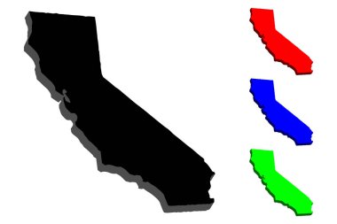 3D harita Kaliforniya (Amerika Birleşik Devletleri, Golden State) - siyah, kırmızı, mavi ve yeşil - vektör çizim