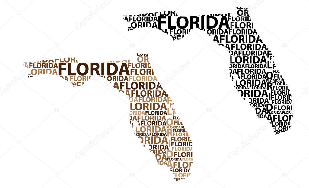Sketch Florida (United States of America, The Sunshine State) letter text map, Florida map - in the shape of the continent, Map Florida - brown and black vector illustration