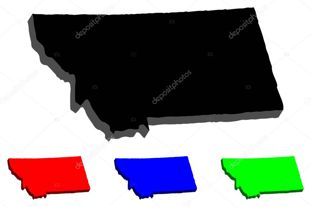 3D map of Montana (United States of America, Big Sky Country) - black, red, blue and green - vector illustration